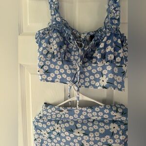 Blue and White Ruffled Crop Tank Top